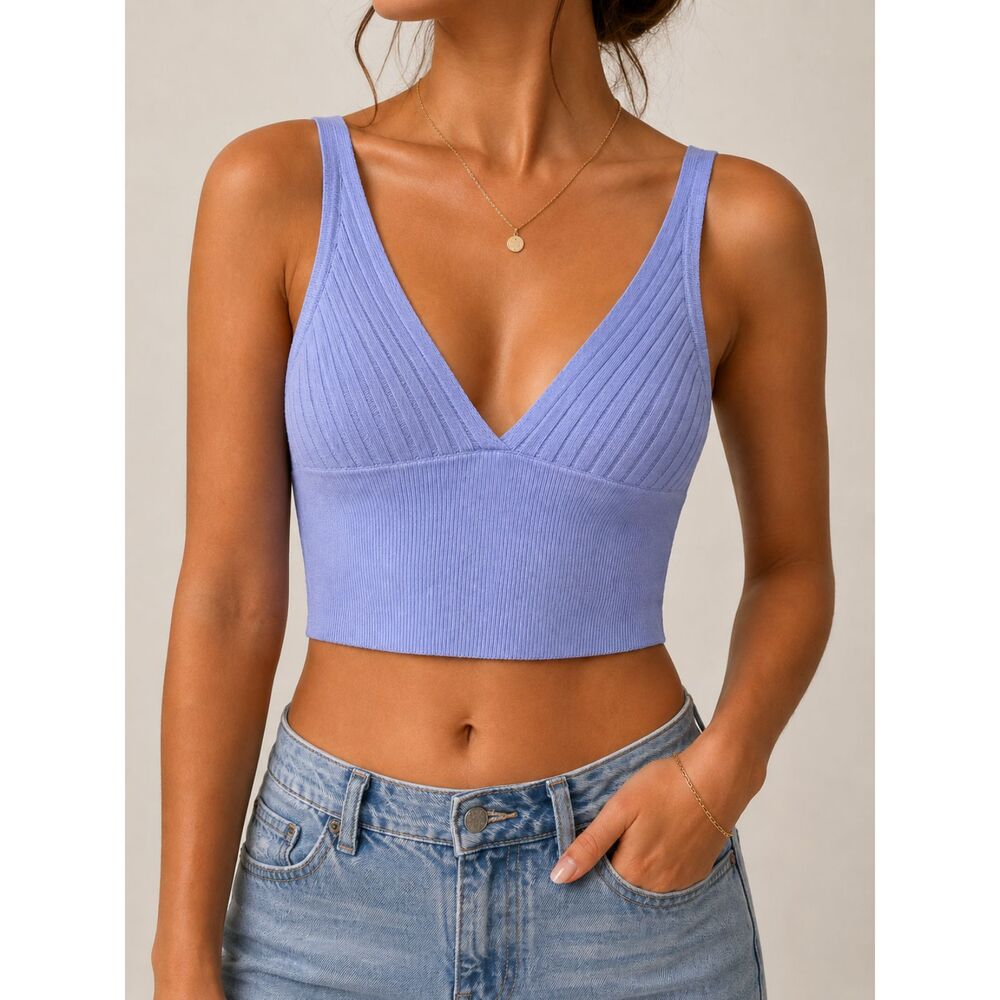Zara Knit Ribbed Crop Tank Top Lavender Lilac V Neck Sleeveless Size S NWOT